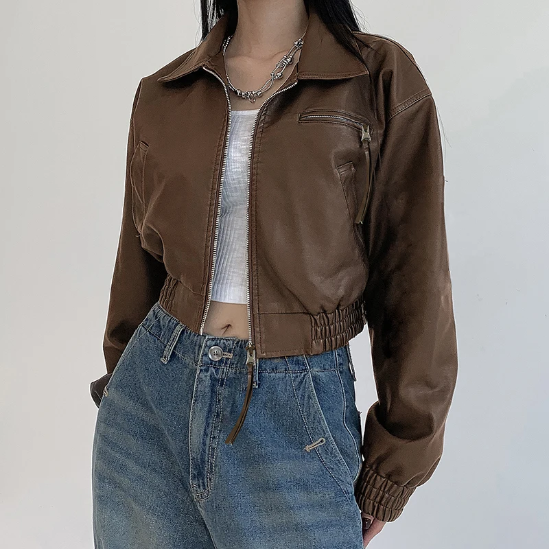 HEYounGIRL koreańska moda brązowa kurtka z PU Y2K Vintage jesień Casual Faux Leather płaszcz z zamkiem błyskawicznym Harajuku Streetwear znosić Lady