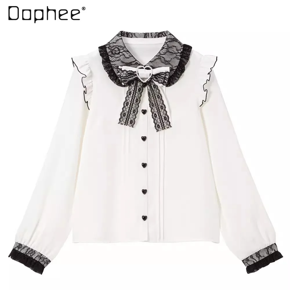 Japanese Mine Sweet Lace Bow Shirt for Women 2023 Fall Elegant Women's Lace Bow Tie Long Sleeve Ruffled Autumn Blouse Female