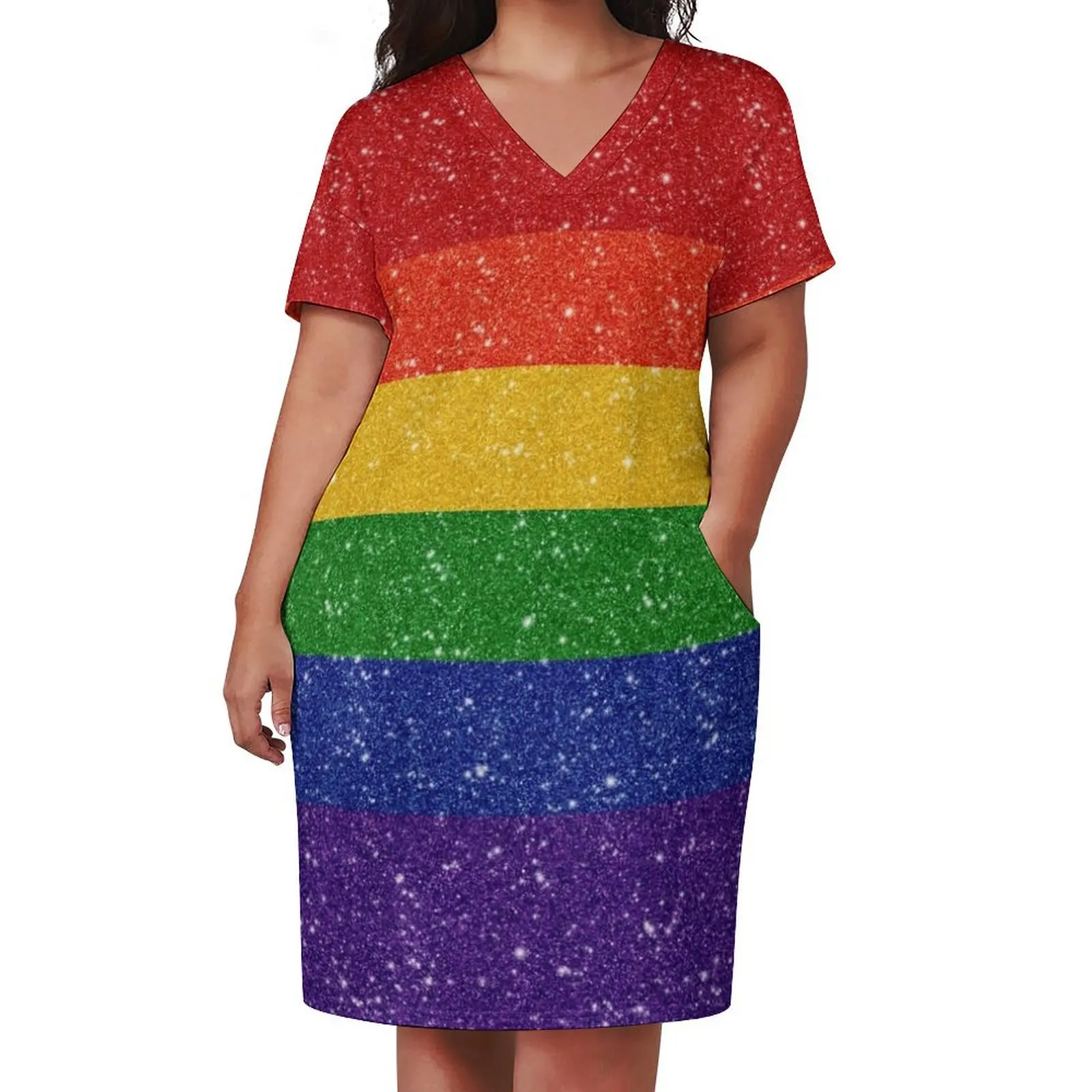 Faux Glitter LGBTQ Pride Rainbow Flag Background Loose Pocket Dress womans clothing dress for woman