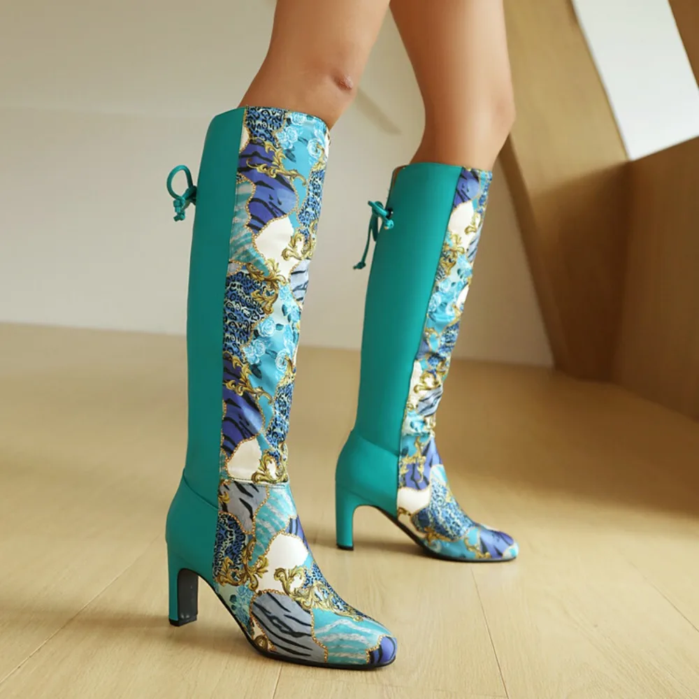 Brand Design Women's Knee Boots Round Toe 7.5cm Heel Mixed Flower Decor Floral Large Size 35-44 Fashion Dating Knee High Booties