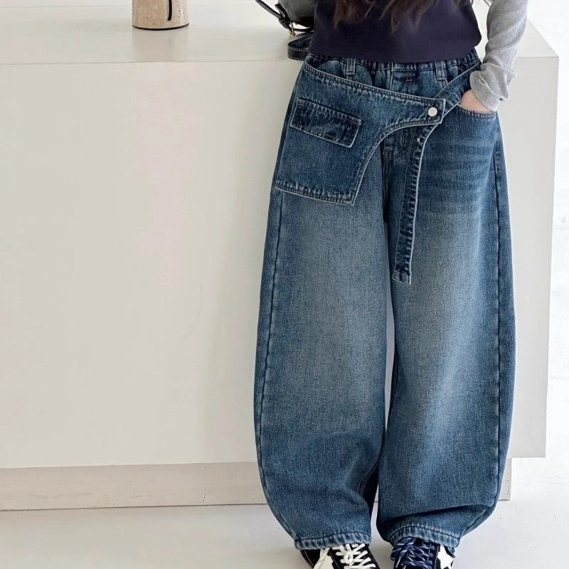 2026 Girls Fleece Lined Jeans Autumn Winter Thick Loose Denim Pants Kids Warm Casual Trousers