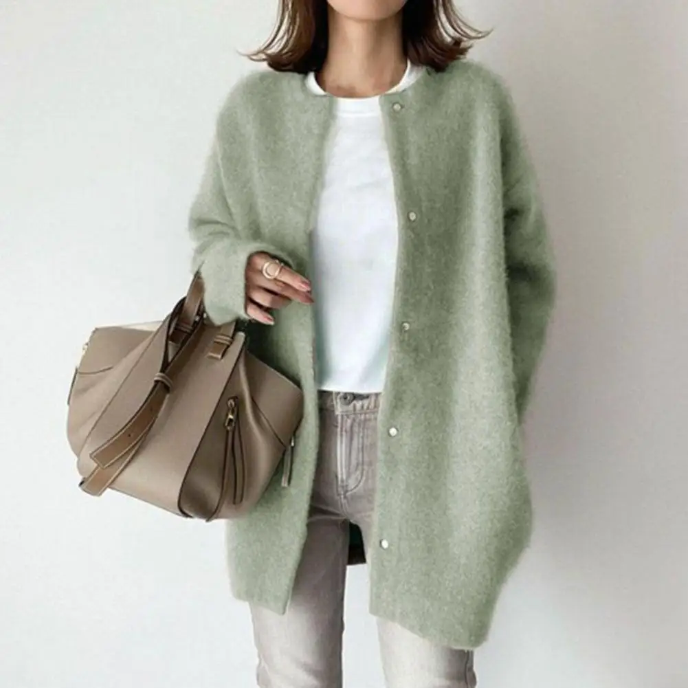 Women Coat Single-breasted Solid Color Long Sleeves Loose Knitted Lady Coat Keep Warm Sweaters Thick Women Coat Women Clothing