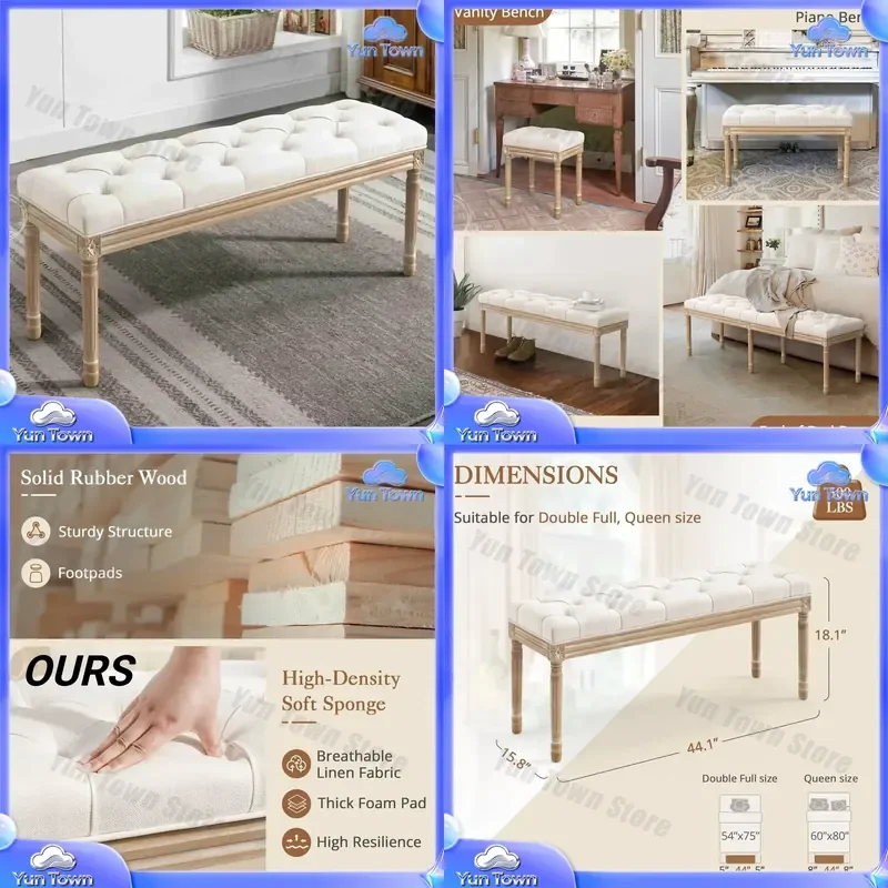 Vintage French Tufted Bed Bench for Bedroom Entryway Living Room Piano Stool Hand-Carved Wood Legs Multi-Scenario Use Home