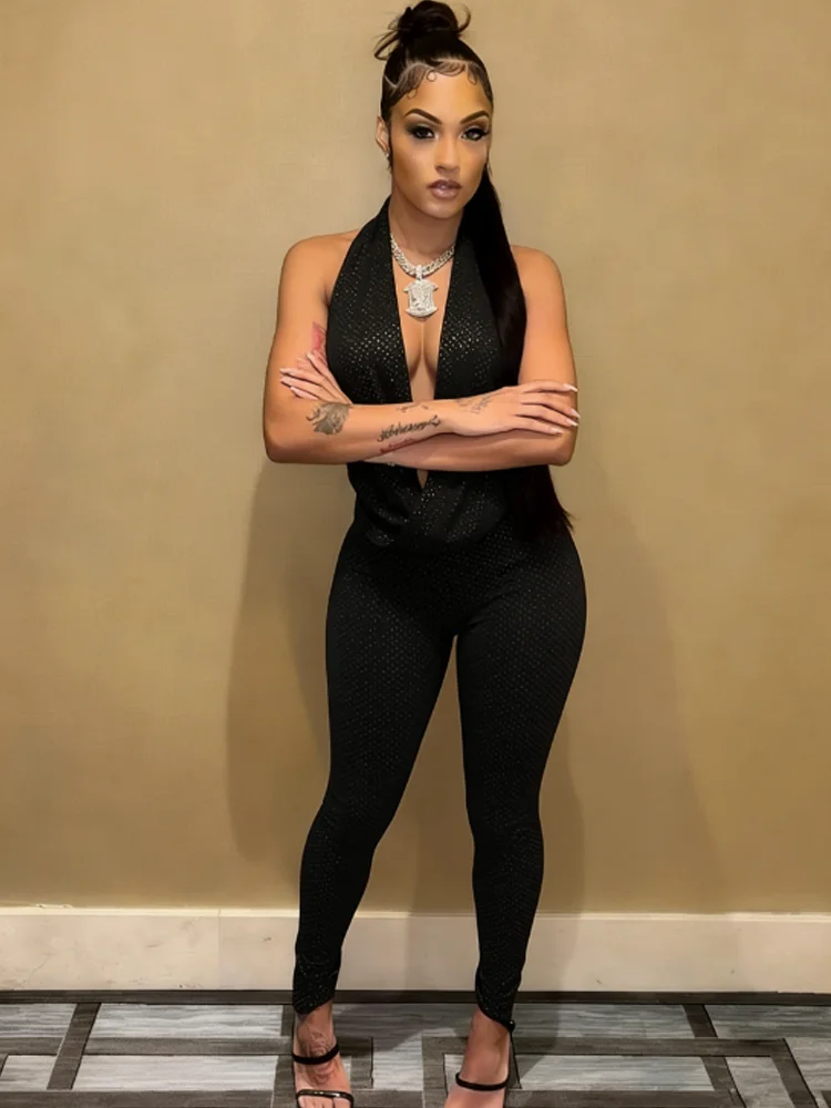 

Whatiwear Street Shiny Rhinestone 2 Piece Set Woman Halter Swing Collar Backless Tank Tops+Skinny Peach Hip Pants Sexy Outfits