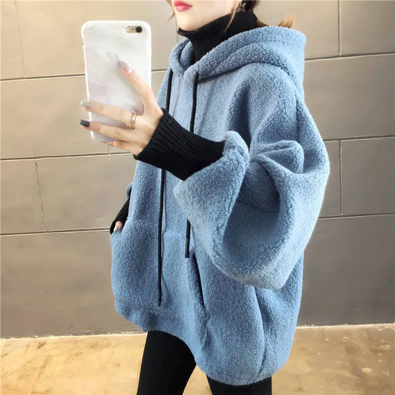 Faux Lamb Sweatshirt Women Loose Fake Two Piece Fashion Hoodies Fluffy Big Pocket Letter Long Sleeve Winter Female Tops