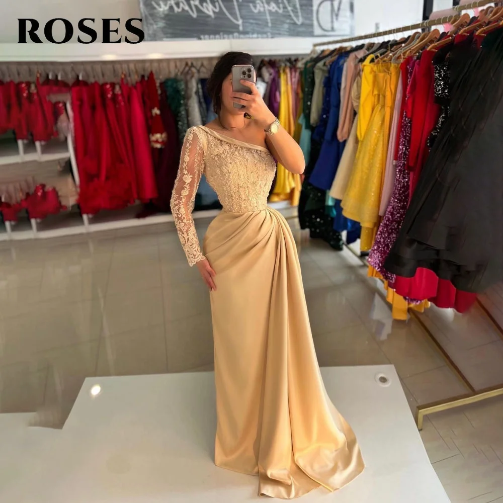 

ROSES Yellow Prom Dress Saudi Arabia Pleat Party Dress with Lace Satin One Shoulder Trumpet Evening Dresses for Woman Customized