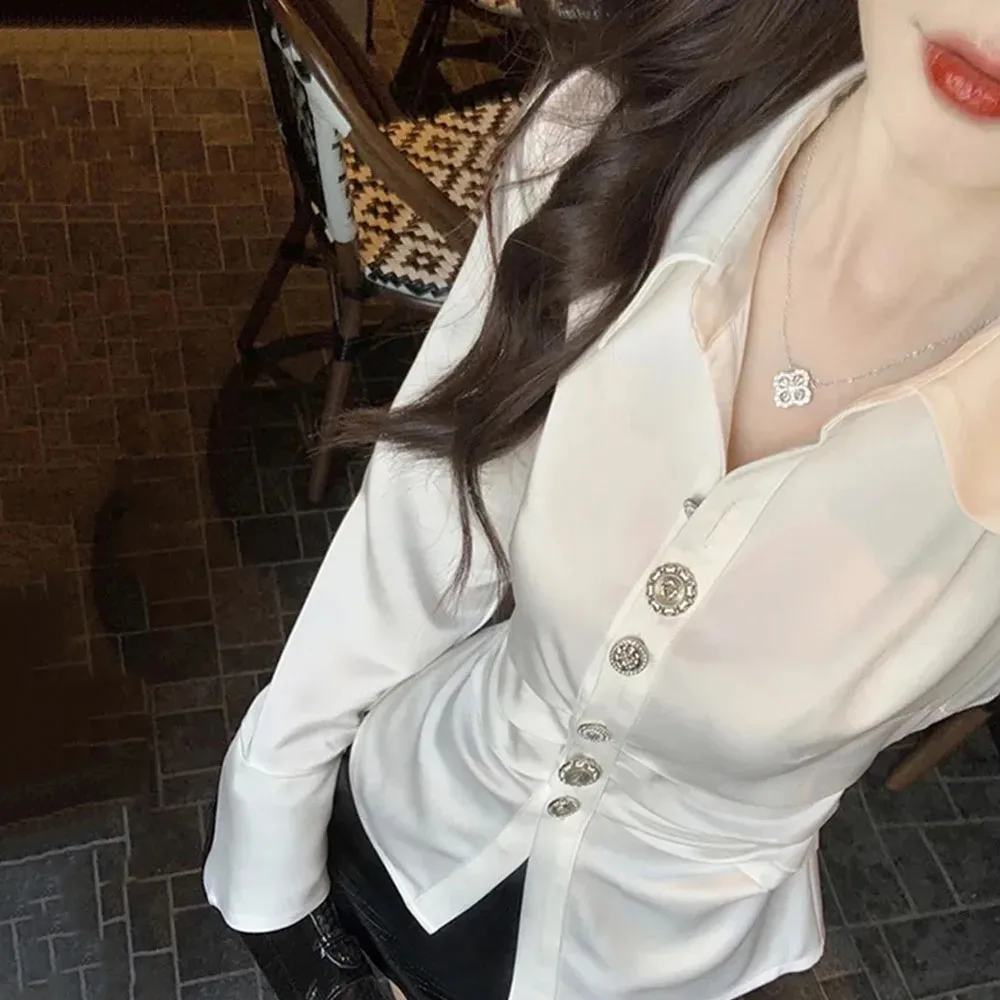 Korean Style Elegant Satin Shirts Office Lady 2024 Spring Design Fashion Blouse Women Long Sleeve Button Y2k Tops Female Outwear