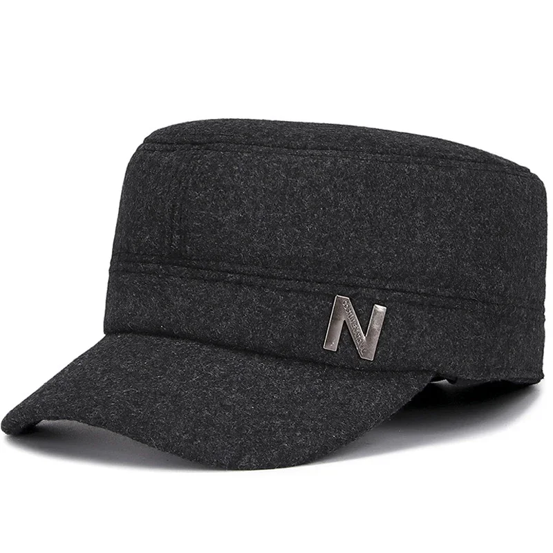 Autumn Winter Men Woolen Felt Flat Top Cap Hat with Velvet Warm Earflaps Outdoor Casual Baseball Caps Casquette Male Cotton Hat