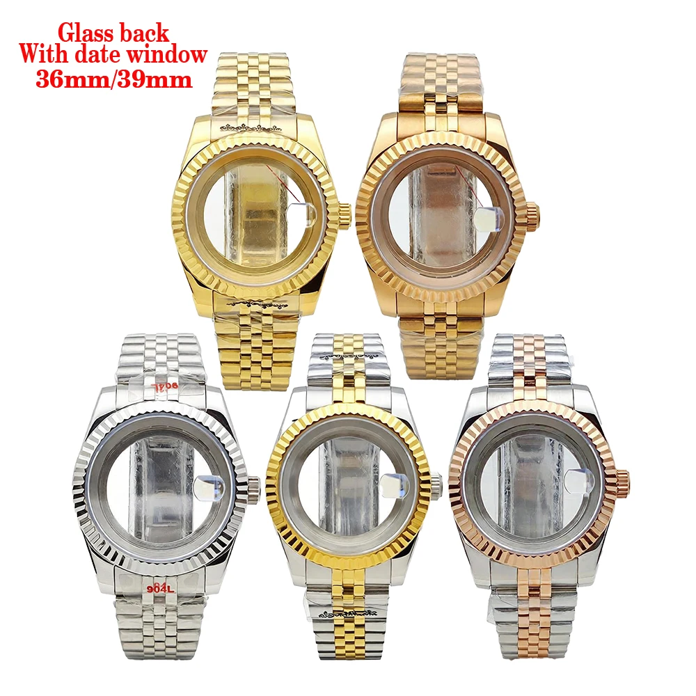 

Корпус NH35, корпус 36/39 мм, мужской серебристо-золотой корпус для часов, сапфировый корпус из нержавеющей стали, прозрачная задняя крышка для механизма NH35/NH36