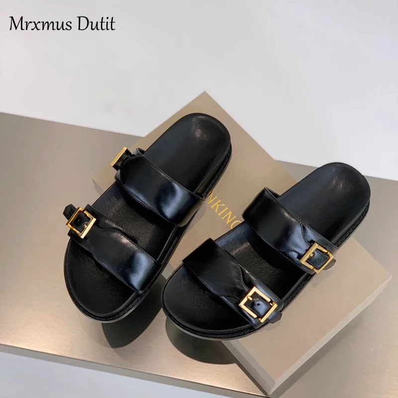 Mrxmus Dutit 2023 Summer British Retro Gold Buckle Casual Sandals Flat Sandals Fashion Leather Shoes Women\'s Shoes