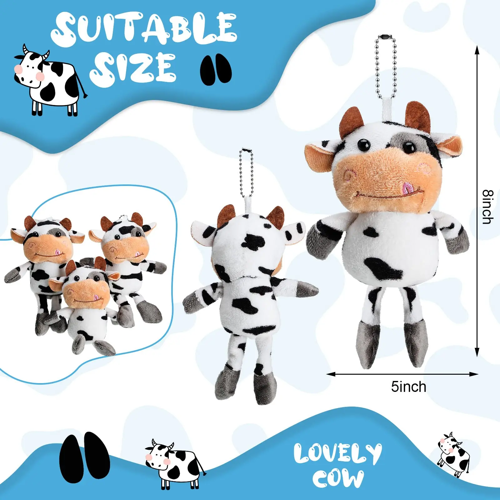 12-100Pcs Cow Keychain Bulk Cow Toy Keychain Stuffed Farm Animal Keyring Cows Party Favors Gift for Backpack Handbag Purse Xmas