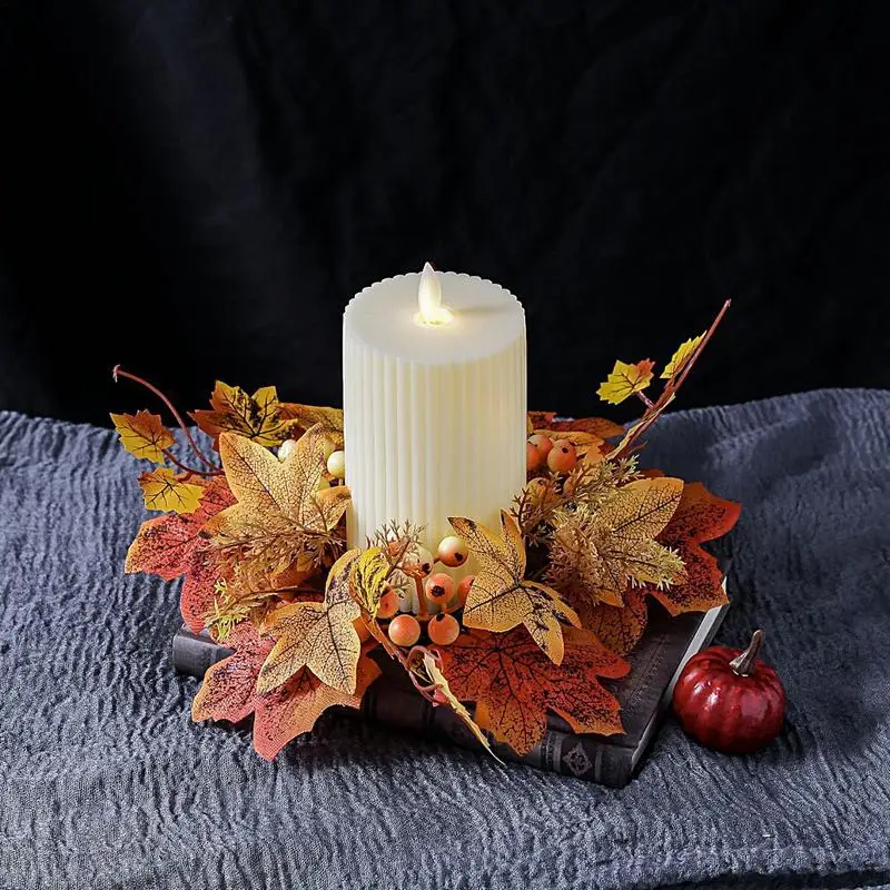 Fall Candle Ring for Pillar Artificial Candle Garland Decor Mini Autumn Wreath Rustic Fall Candle Holders for Bar Home Party