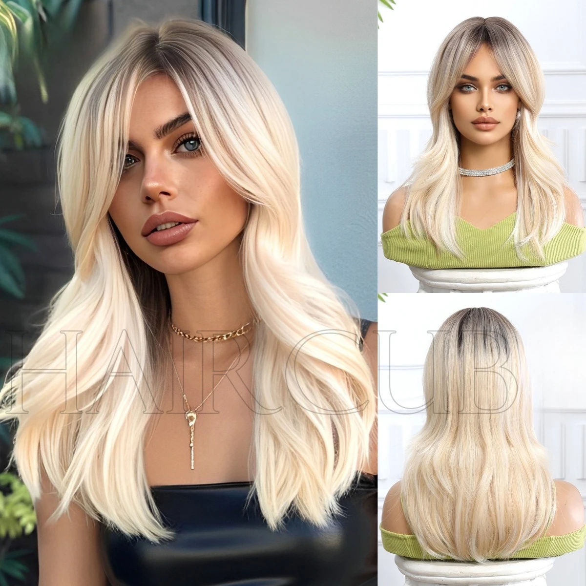 

Wig headgear hot-selling platinum gradual change dye medium and long hair Europe and the United States gradual change eight char