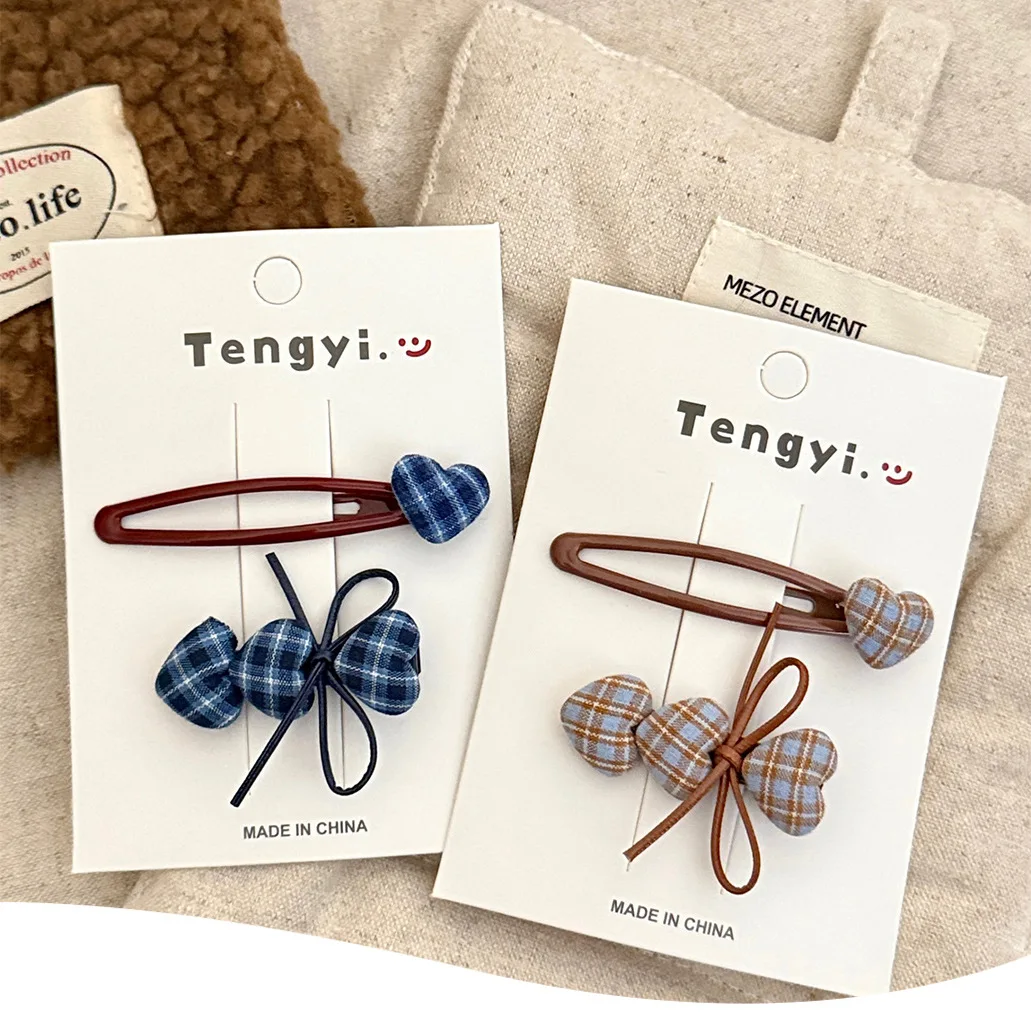 1Pcs Vintage Plaid Herz Haar Zubehör Set Nette Bogen Dekor Frauen Mädchen Täglich Casual Party Haar Dekoration Mode Haar clips – Detail 1