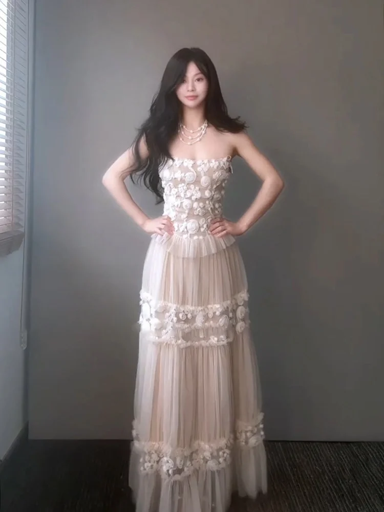 

Heavy Embroidery Lace Net Sleeveless Long Dress French Style High Waist A-Line Skirt for Date Party Banquet Daily Casual Vaca...