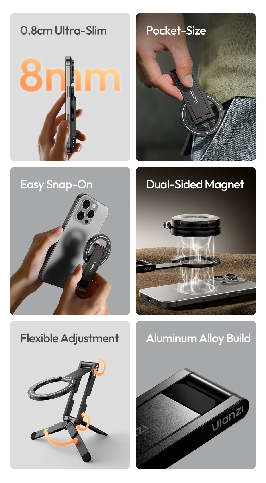 � Ulanzi MA60 faltbare magnetische Telefonstativ-Handheld-Selfie-Telefonhalterung für iPhone 16 15 14 13 Android mit Magnetring – Detail 2