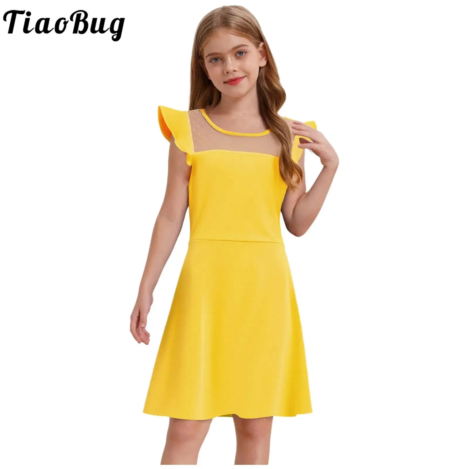 

Teen Girls Summer Dress Ruffle Sleeves Dots Sheer Mesh A Line Dresses Birthday Wedding Party Pageant Banquet Prom Kids Clothing