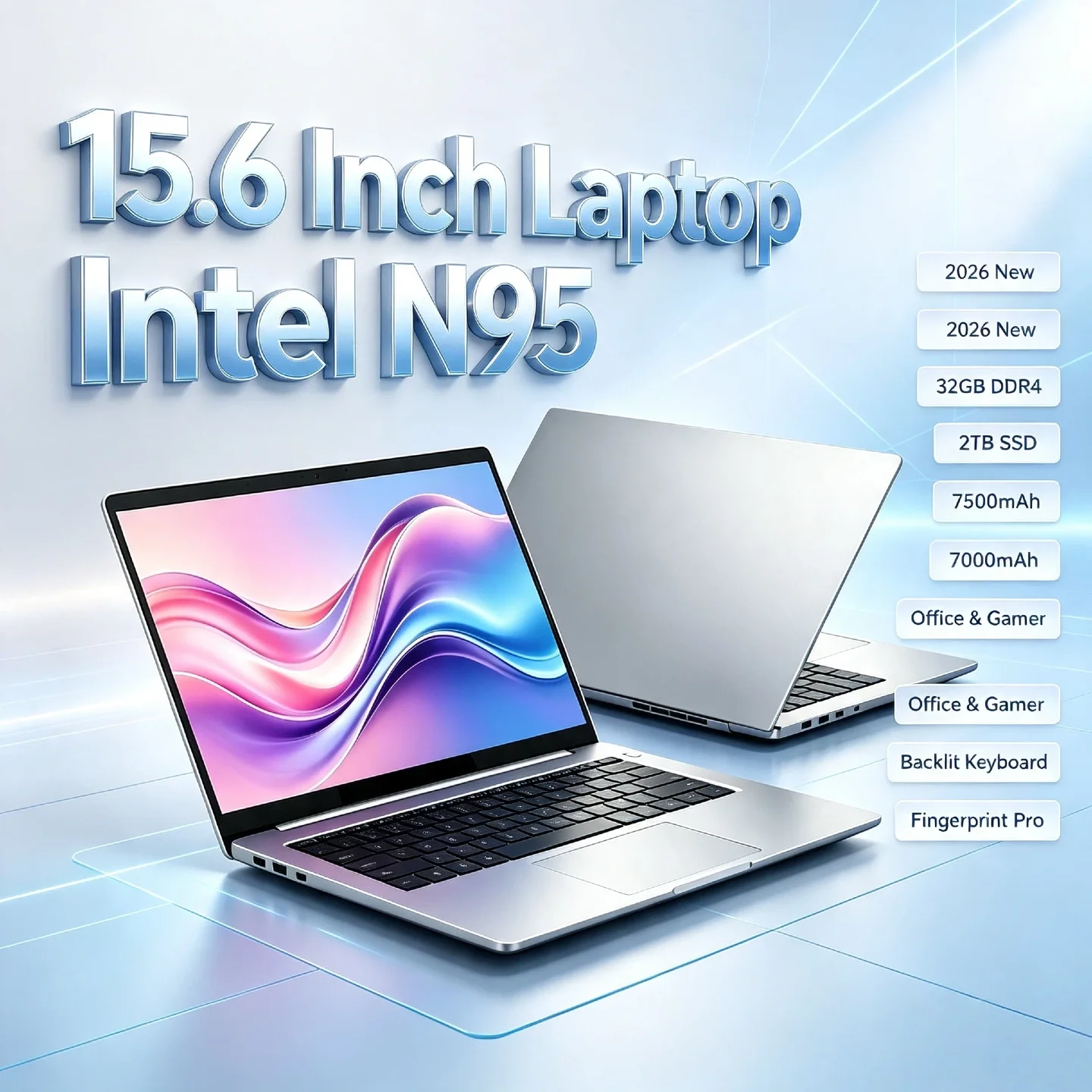 N95 Intel 2026 15.6 Inch Portable Laptop 32GB DDR4 2TB SSD 7500mAh Gamer Office Notebook Backlit Fingerprint Pro Unit