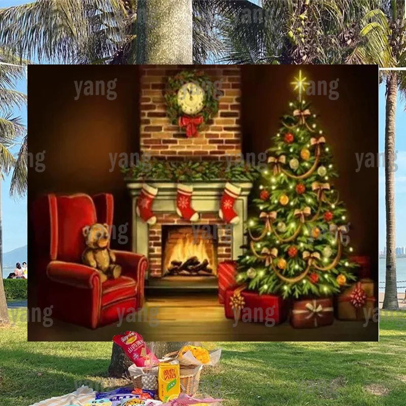 Niestandardowe kreskówki zabawne przyjęcie tło do zdjęć ściany zimowe drzewo dekoracji Vintage tło prezenty sypialnia wesołych bożonarodzeniowy baner reklamowy