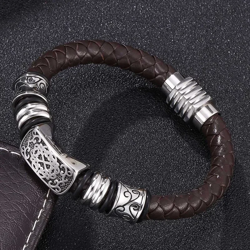 

Punk Brown Men Leather Bracelet Charms Accessories Bracelets With Magnet Clasp Bangles Jewelry Wristband BB0131