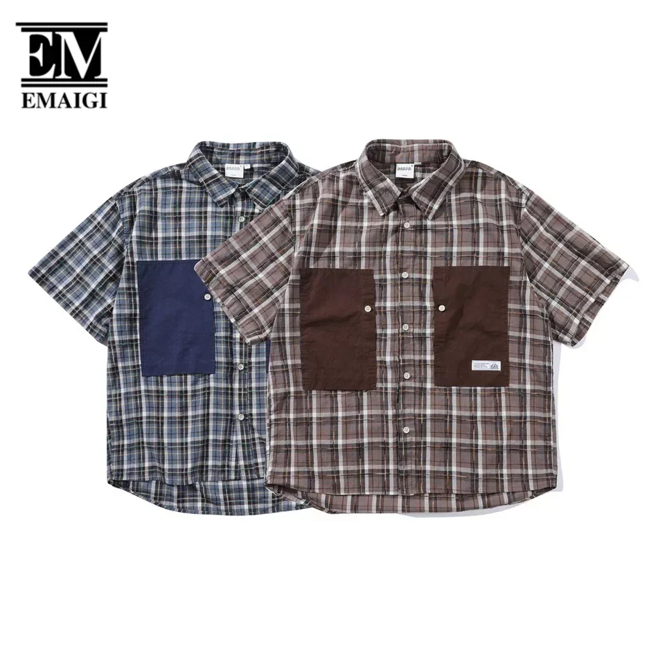 Men Summer Splice Bocket Japanese Streetwear Cityboy Loose Casual Short Sleeve Plaid Shirts Women Oversized Blouses Unisex Shirt