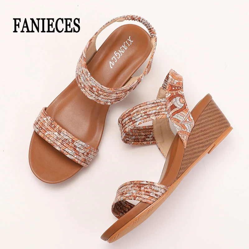 

Bohemian Roman Wedge Sandals Women Summer Open Toe Elastic Ankle Strap Heels Casual Beach Plus Size Platform Sandalias Zapatos