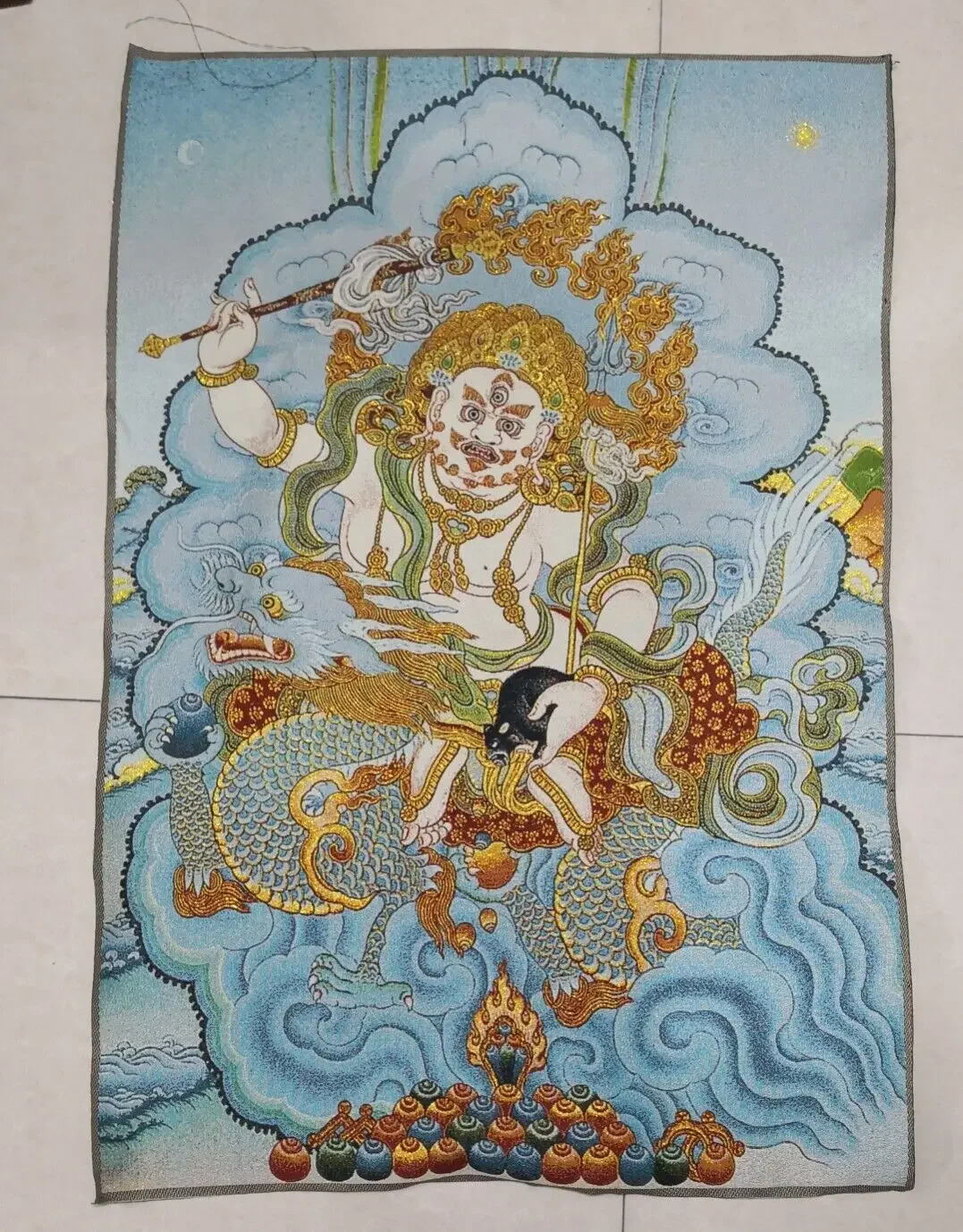 Tibet Tibetan Cloth Silk Buddhist Deity White Jambhala Thangka Mural Home Buddhist Hall Wall Decoration Hanging Paintings