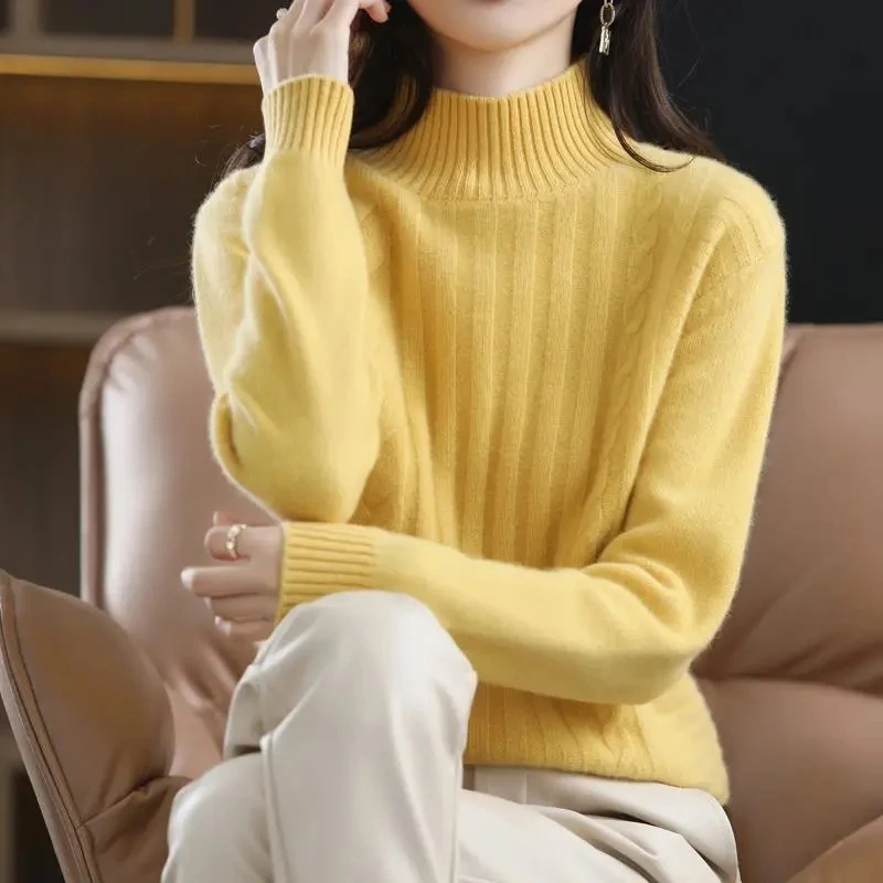 Autumn Winter Thick Cashmere Sweater Women's Half Turtleneck Pullovers Soft Solid Color Knitted Jumper Female Bottoming Shirt