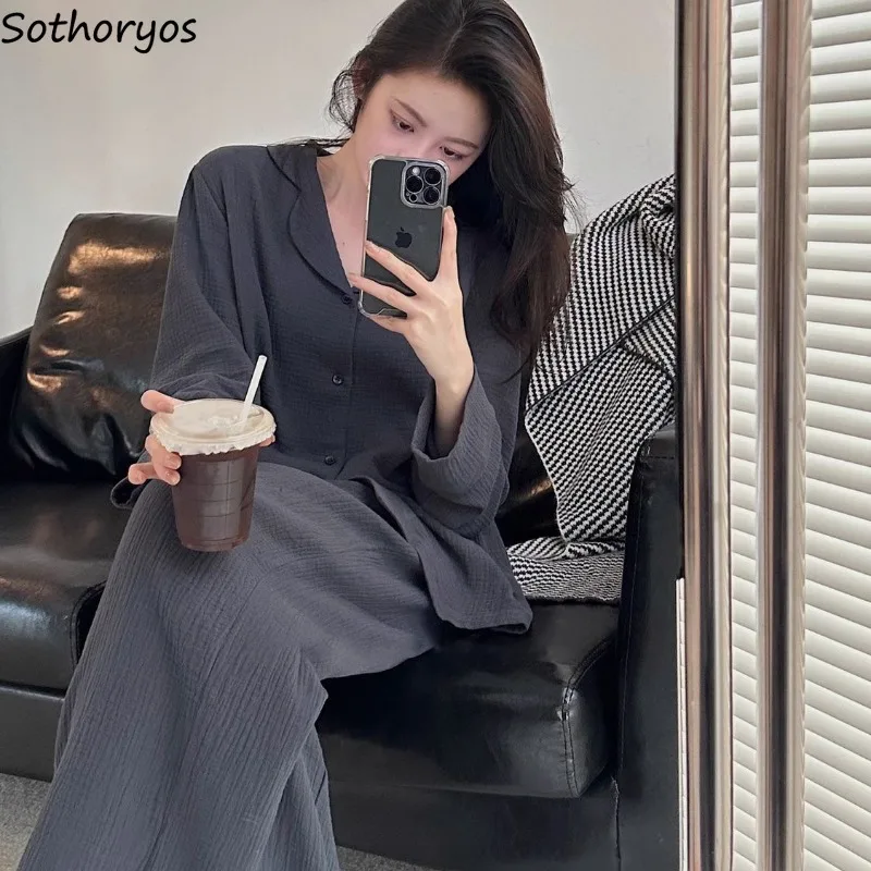 

Solid Color Pajamas Women Simple Ins Soft Loose Turn-down Collar Autumn Cozy Breathable Long Sleeve Full Length Mature Mujer