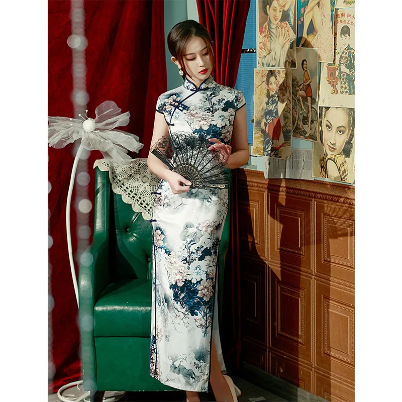 2023 Spring Silk Maxi Long Improved Cheongsam Retro Elegant Performance Chinese Traditional Style Evening Dress Qipao for Women