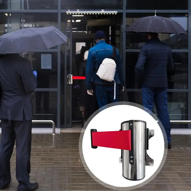 Stainless Steel Retractable Belt Wall Mount Ribbon Barrier Tape Crowd Control Outdoor Sport Stanchion Queue