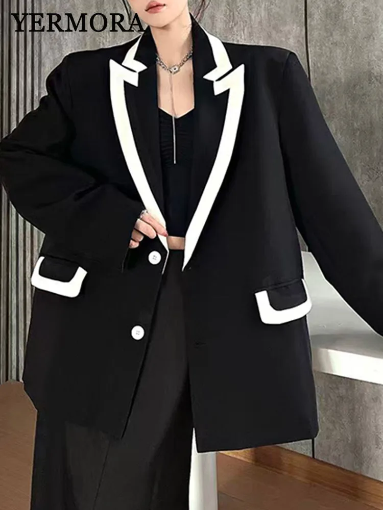 

YERMORA Color-block Pocket Buckle Casual Blazer For Women Lapel Long Sleeve Loose New Jacket Fashion Tide Spring Autumn 2025
