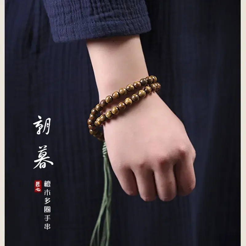 

Natural Green Sandalwood 54 Pcs Bracelet Woven Pineapple Knot with Charms Zen Handheld Beads Ebony Gold Silk Wooden Hand String