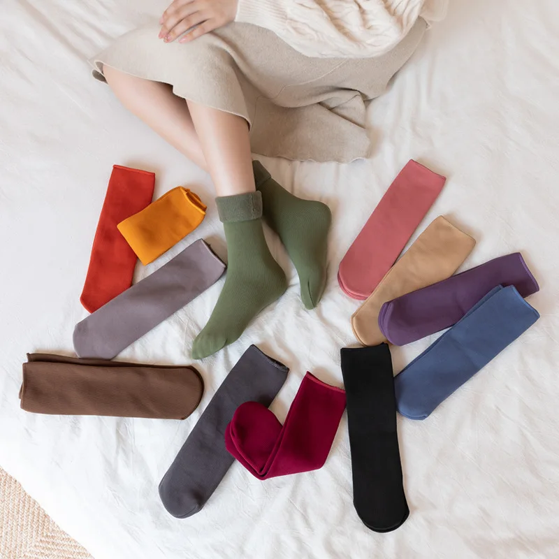 Calcetines de terciopelo de Invierno para mujer, medias gruesas, suaves e informales, de Color sólido, con rayas de Cachemira y lana, para el hogar, botas de nieve, 1 par