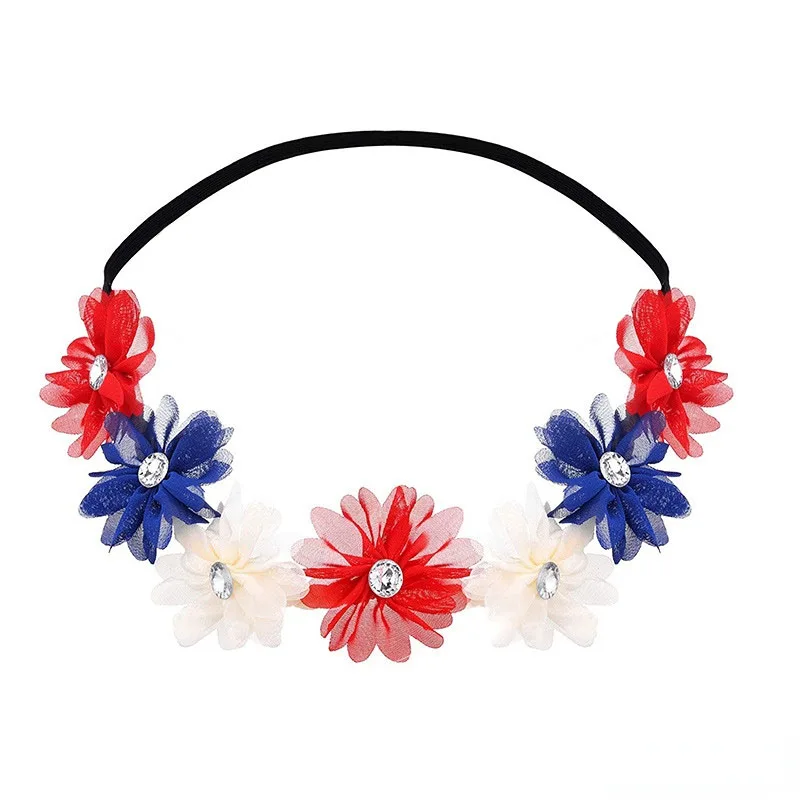 10pcs Stretch Red White Blue 4th of July Flower Wreath Crown Crystal Headband Hairband for Independence Day    Wedding Festival