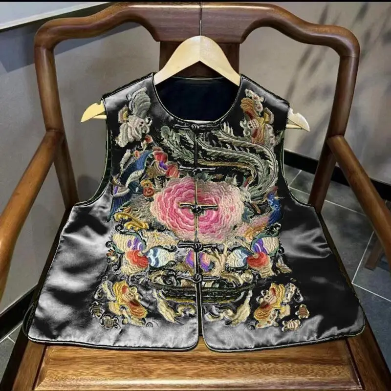 

Черный вышитый жилет для женщин: роскошный топ в китайском стиле, рубашка-ципао, летняя/весенняя куртка из атласа, одежда в стиле Ханьфу/Тан
