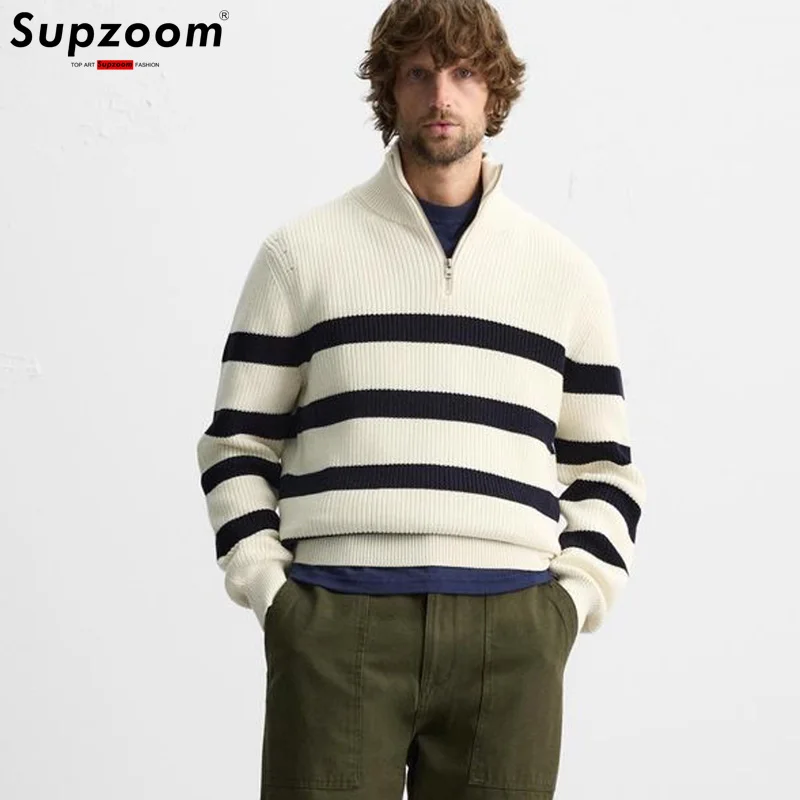

Supzoom 2025 New Arrival Top Fashion Turtlenecl Stripe Regular Cotton Male Casual Zipper Sweater Men