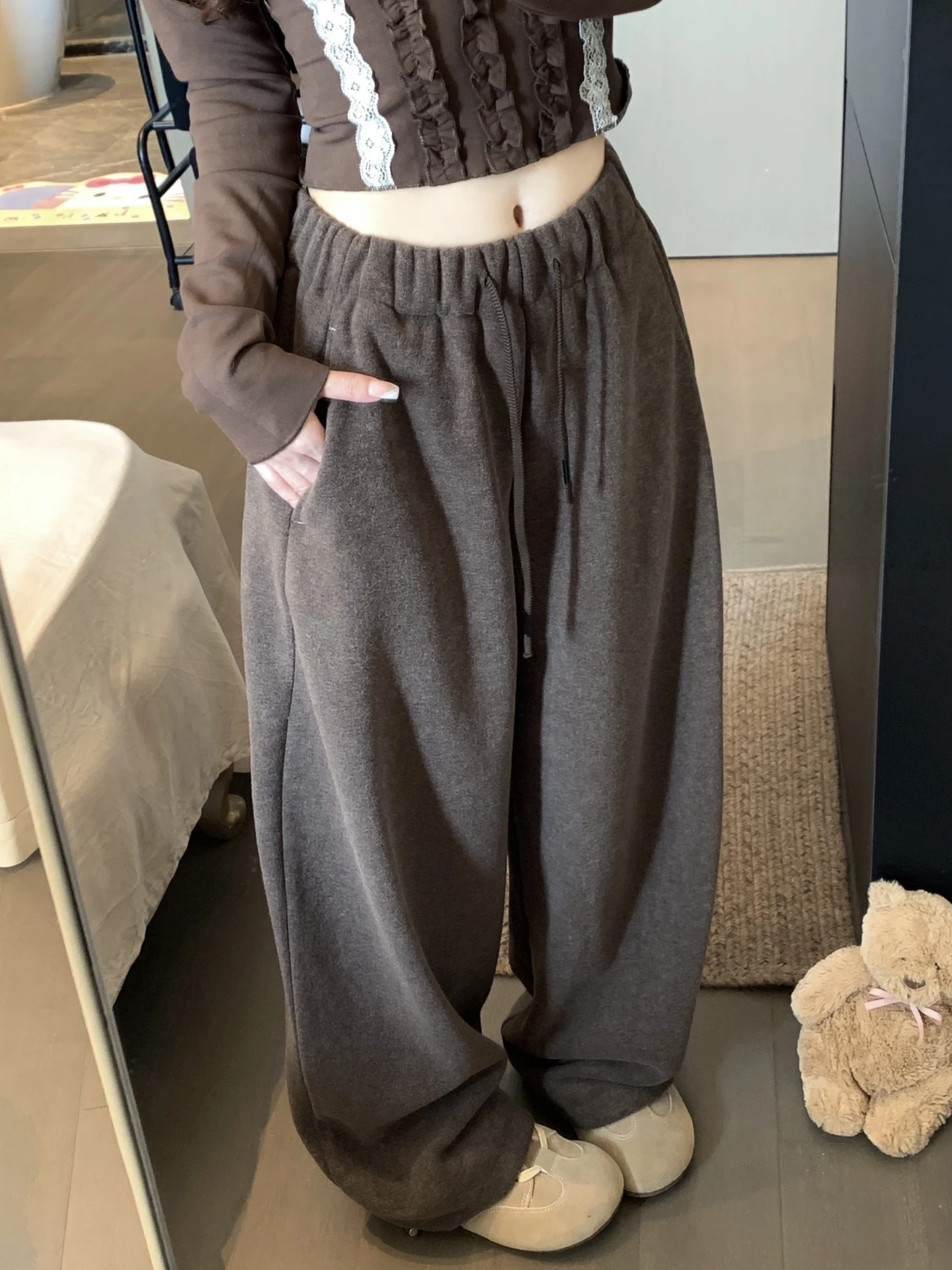 Thickened Fleece Wide Leg Pants Women's Autumn Winter Loose Slimming Cuffed Casual Sports Sweatpants Rice Noodle Pants
