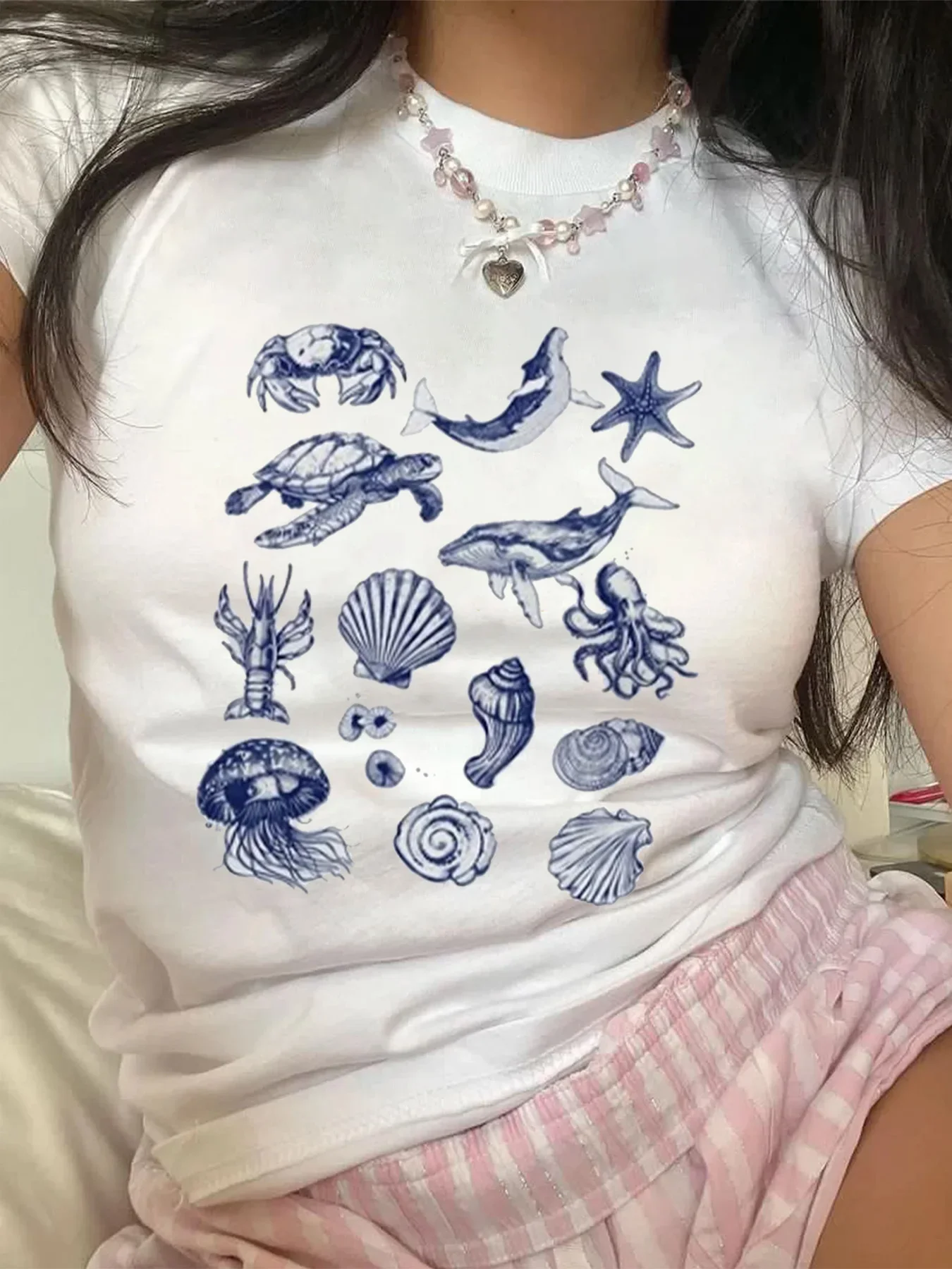 

Summer Women's Casual Versatile T-Shirt Marine Life Design Pattern Slim Slim Fashion Top Print Women Personality Clothing Street