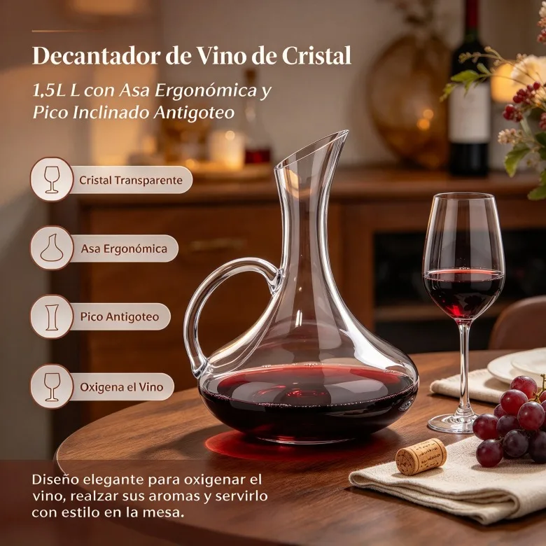 Carafe en verre pour vin rouge, capacité 1,5 L, conception anti-gouttes avec bec verseur incliné et poignée latérale, élégant aérateur de vin pour la décoration de table et les réceptions.