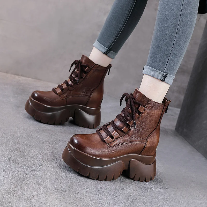 

7cm Women Boots Real Cow Leather Thick Sole Height Increasing Retro Style Thick Plush Winter Warm Platform Ankle Boots Lady