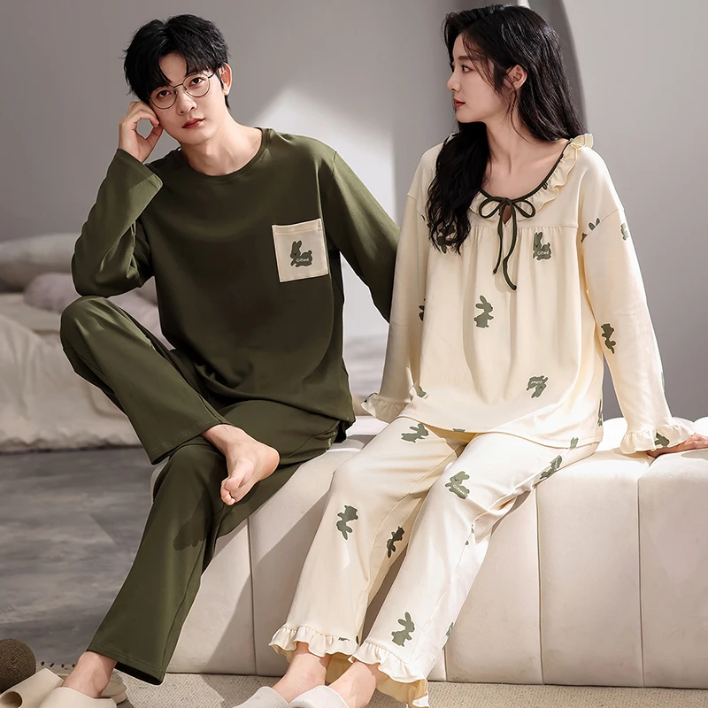 Ensemble de pyjama à manches longues pour couple, vêtements de nuit de dessin animé mignon, 100% coton, hommes et femmes, printemps et automne