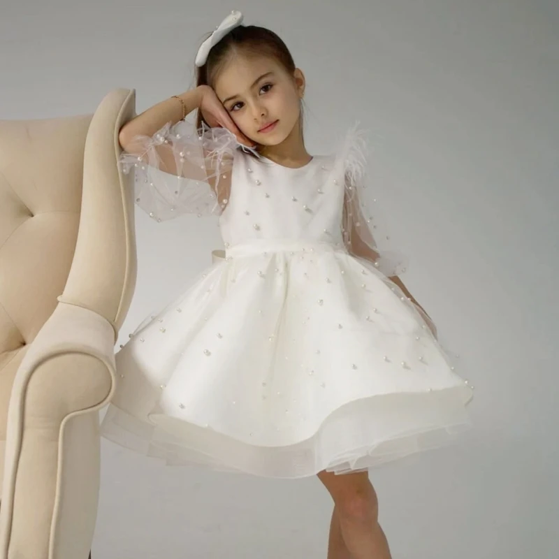 

Ivory Flower Girl Dresses Pearls Skirt With Bow Feather Half Sleeve For Wedding Birthday Party First Communion Gowns