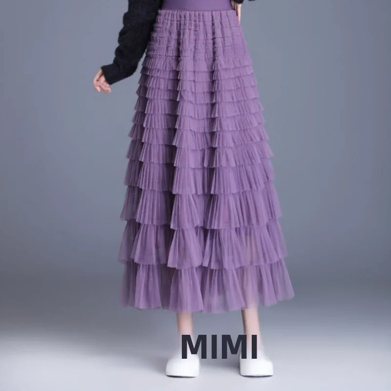 Summer Heavy Work Mesh Skirt Multi Layer Women's Half Body Fairy Tale Style Long Skirt Cake Skirt Casual High Waist Polyester