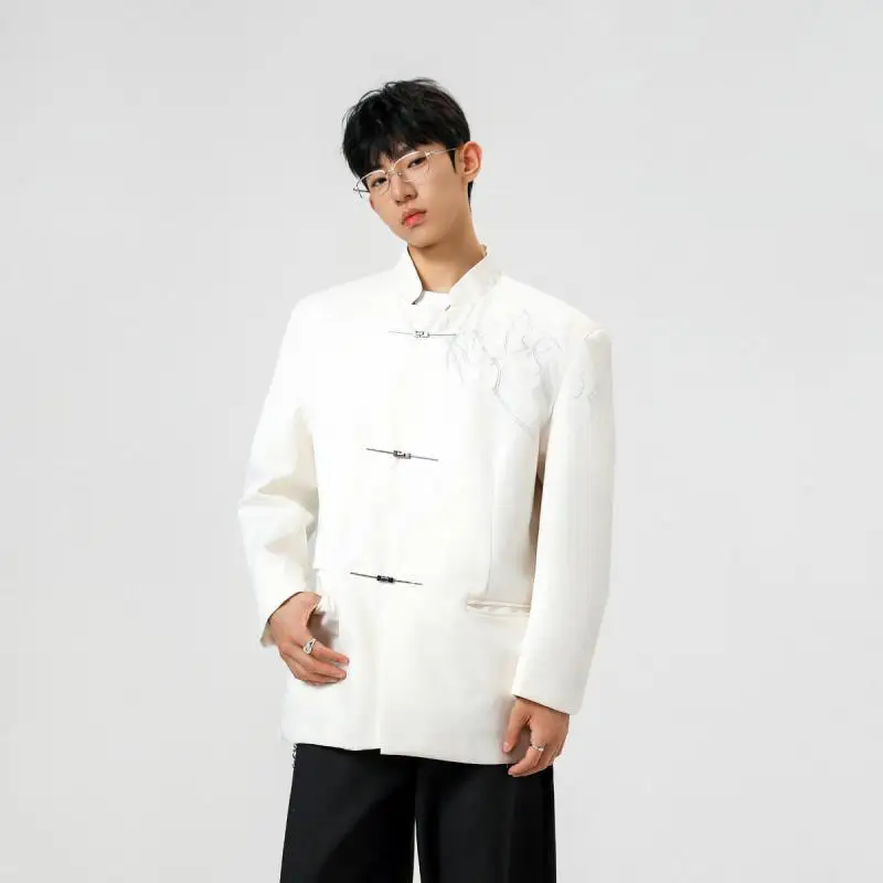 Plus Size M-5XL Men's Single-Breasted Metal Button Slim Fit Chinese Style Blazer with 3D Thorn Embroidery Formal Suit XXXXXL