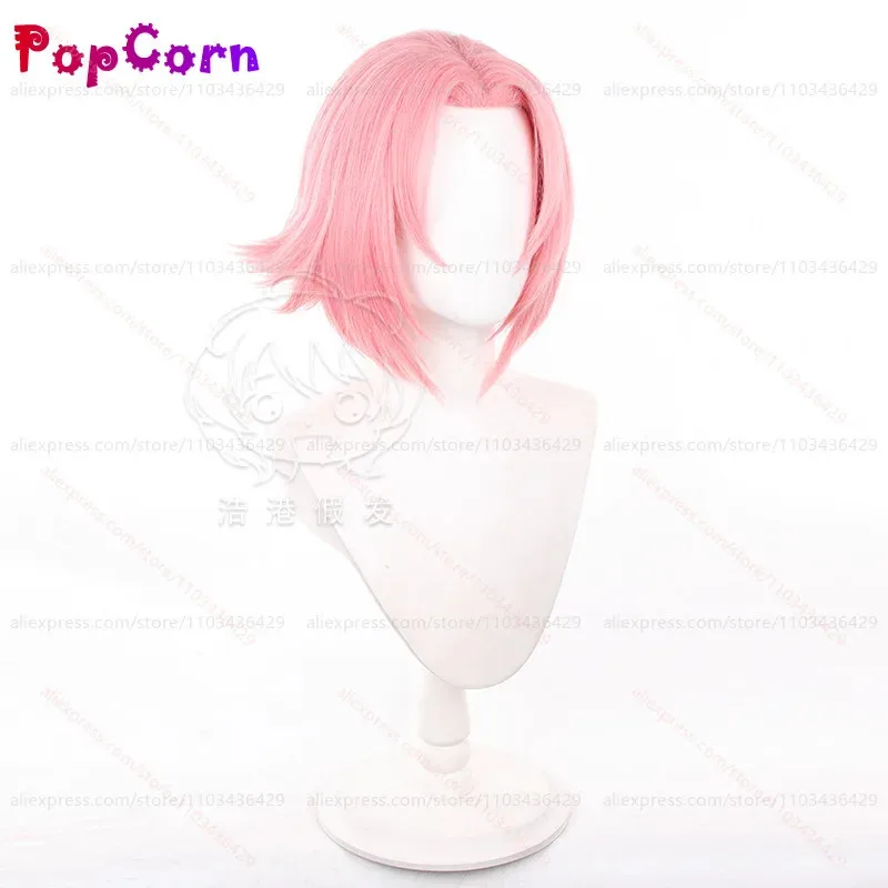 Peluca de Cosplay Haruno Sakura Unisex, peluca corta esponjosa de color rosa claro de 35cm, pelucas de Cosplay de Anime, pelucas sintéticas resistentes al calor