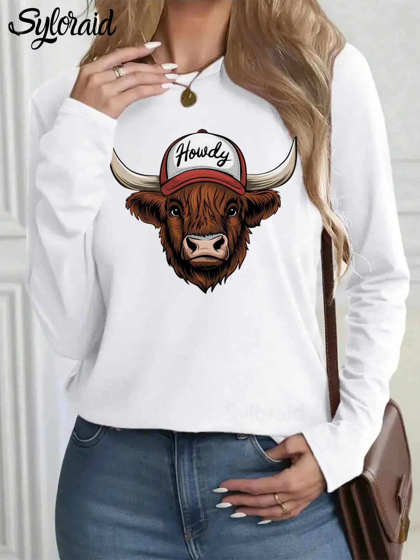 

Women's Long Sleeve T Shirt Western Howdy Cow Graphic T Shirt Cowboy Cowgirl Cow Shirt Fashion Round Neck Casual Top
