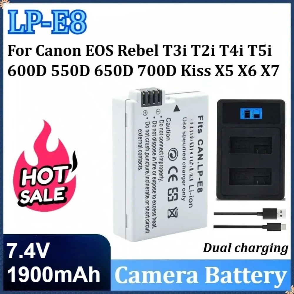 1900mah 7.4V LP-E8 LP E8 Batteries LED Dual Charger Set for Canon EOS 550D 600D 650D 700D X4 X5 X6i X7i Camera Battery