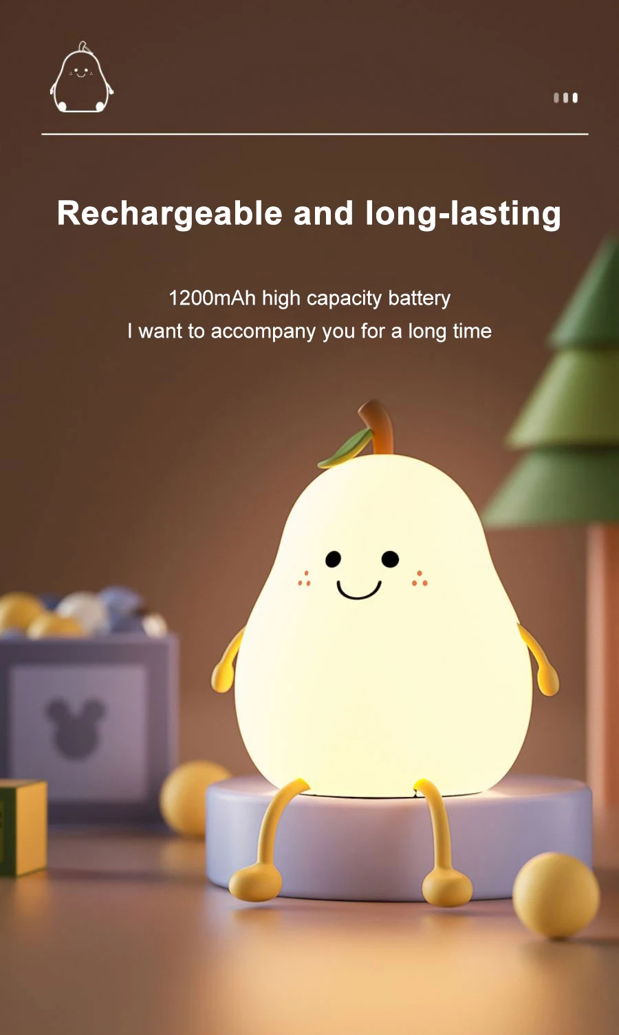 LED Pear Fruit Silicone Night Light 7 Colors Dimming Touch USB Rechargeable Cartoon Bedside Lamp Bedroom Decor Cute Kid Gift