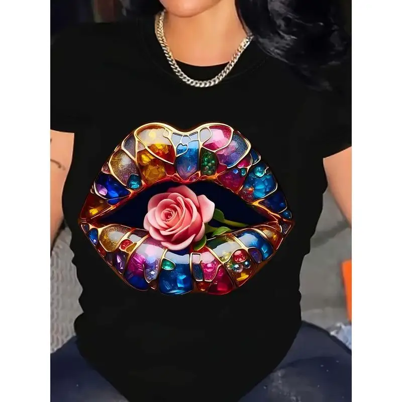 

Rose Lips T-Shirt Mosaic Jewel Graphic Tee Men Women Aesthetic Top Romantic Art Print Unique Gift Idea
